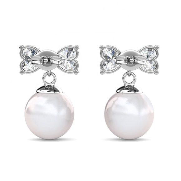 Heart Bow With Pearl Drop Earrings Australian Crystals - Picture 3 of 5